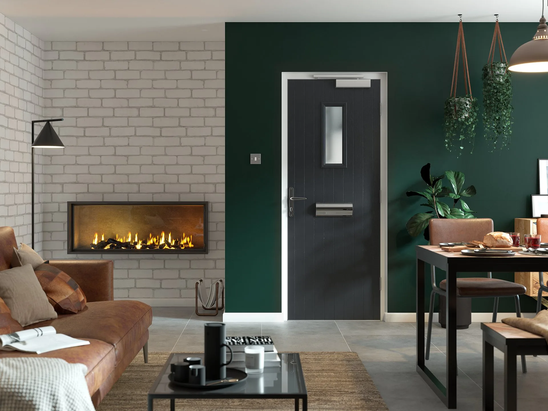 Anthracite grey internal fire door with an overhead closer in a modern living room